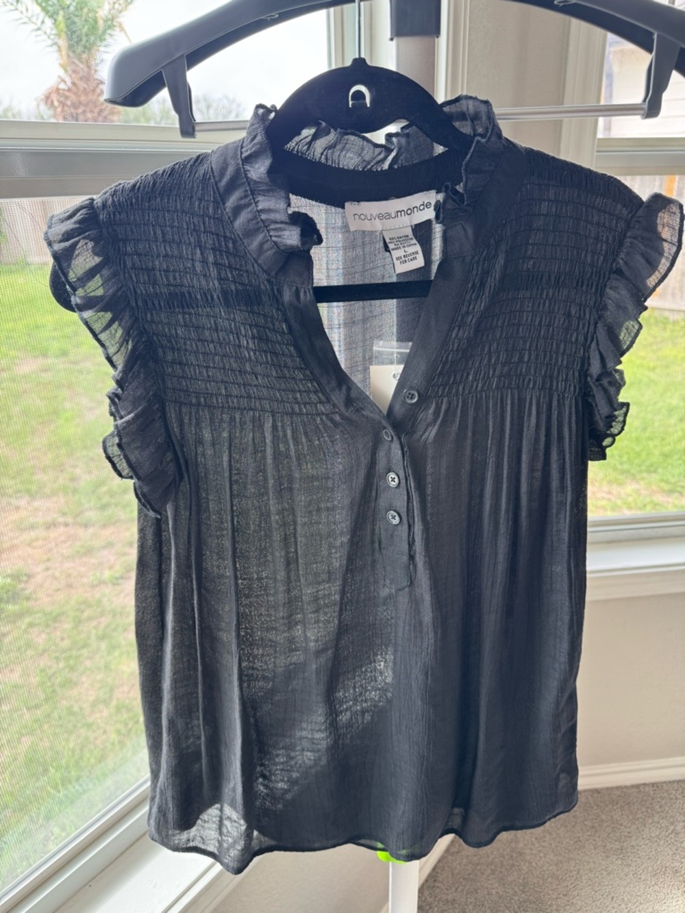 Nouveau Monde Black Ruffle Sleeve Smocked Yoke Top